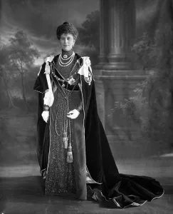 Prints of Photographic portrait of Queen Mary, previously Princess May of Teck (1867-1953), pictured c.1911, wearing robes of the Order of the Garter November Prints: Queen Mary, c. 1911