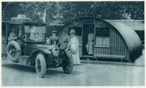 Huts Prints: Queen Mary inspects a Nissen hut, 1917