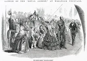 1850s Prints: Queen Victoria naming the ship Royal Albert at Woolwich Dockyard in London. Date: 1854
