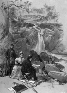 Prints of Queen Victoria as an artist: sketching the falls of Garrawalt, Braemar (also called the falls of Garbh Allt) in Scotland. Date: C. 1870 December Prints: Queen Victoria sketching the falls of Garrawalt, Braemar