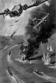 Atlantic Prints: RAF Liberator bombers over an Atlantic Convoy; Second Worl