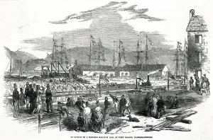1850s Prints: Railway construction, delivery of monster bar, Port Talbot