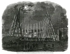 Leicester Prints: Raising of the Trusses in Leicester Square, London 1851