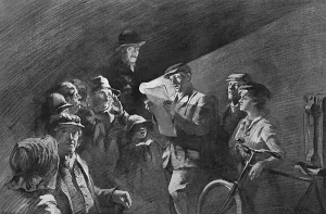 Villagers Prints: Reading Armistice terms on a village green by night