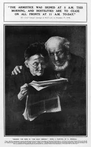 Elderly Prints: Reading news of the Armistice in Daily Mirror, WW1