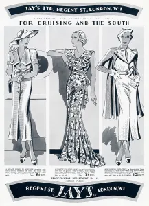 Evening Prints: Three ready to wear cruising outfits for women. Date: 1935