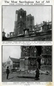 Towers Prints: Reims Cathedral, France, after German bombing, WW1
