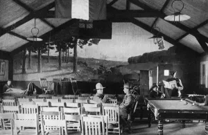 Huts Prints: Reminder of England in a YMCA hut in France, WW1