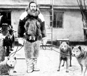 Robert Prints: Robert E. Peary and some husky dogs, 1909