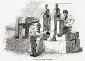 1850s Prints: Rolling the steel for pens, at Messrs Hinks, Wells and Co. in Birmingham. Date: 1851