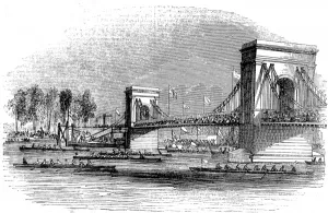 1843 Prints: Rowing Boats passing under Hammersmith Bridge, London, 1843