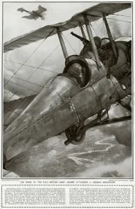 Biplane Prints: Royal Flying Corps airmen attack a German monoplane, 1914