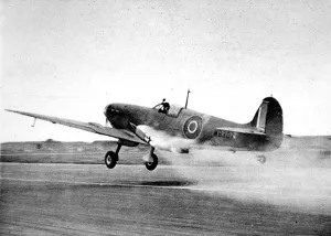 Rockets Prints: Royal Navy Seafire taking off; Second World War, 1944