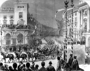 Prints of Engraving showing the scene in the Quadrant, Regent Street, as Queen Victoria, in her Royal carriage, passed by, 1874 November Prints: Royal Procession in Regent Street, London, 1874