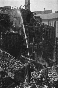 Suffolk Prints: Ruined houses at Bury St Edmunds following air raid, 1915