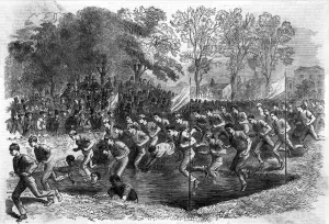 Prints of Running at Woolwich via a rather hazardous looking ditch. Date: 1867 February Prints: RUNNING AT WOOLWICH 1867