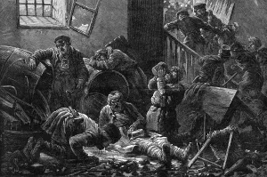 Prints of Thirsty Russians plunder a brandy shop in Kiev and drink as much of its stock as they can. Date: 1881 April Prints: RUSSIANS PLUNDER BRANDY