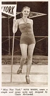 Fashion Prints: Ruth Woods wears a simple wool jersey swim suit designed by Claire McCardell at a fashion