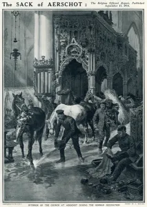 Prints of An illustration of the alleged stabling of horses by German troops in the church at Aerschot, Belgium, during the German occupation of the town, early in the First World War. Date: 1914 December Prints: The Sack of Aerschot, 1914