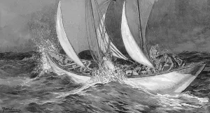 Sail Prints: Sailing boat in choppy sea with crew on board