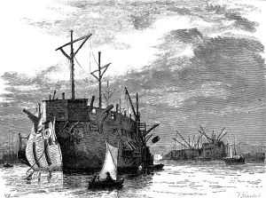Hospital Prints: Sailing Dinghy and some Hulks, Britain, c. 1877
