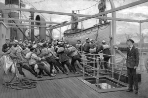 Hauling Prints: Sailors hauling a boat onto the deck of a ship, WW1
