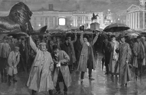 Fields Prints: Scene in Trafalgar Square on a rainy winter evening