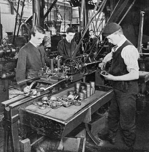 Factories Prints: Schoolboys help in shell making