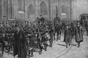 Guards Prints: Scots Guards marching through Cologne, WW1