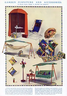 Twenties Prints: A selection of brightly coloured garden furniture and accessories from Marshall and Snelgrove including a tent