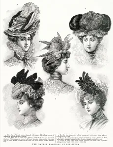 Straw Prints: A selection of late Victorian hats for women. Date: 1900