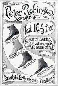 Shoes Prints: A selection of Victorian laced or buttoned pointed boots. 1901