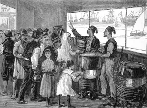 December Prints: Serving food on the Refugee Ship North Britain, 1882