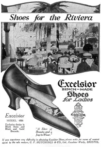 Shoe Prints: Shoes to wear on the Riviera - Excelsior advertisement, 1925