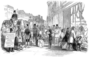 Prints of Engraving showing a lady (centre) returning to her carriage, after completing her purchases in Regent Street, during the London Season of 1849 November Prints: Shopping in Regent Street, London, 1849