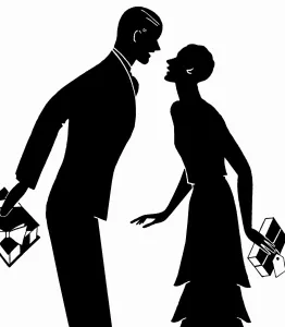 Silhouettes Prints: Silhouette of couple giving each other Christmas presents