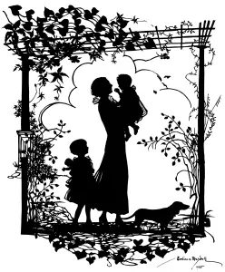 Silhouettes Prints: Silhouette of Viscountess Harcourt with her daughters