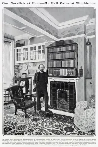 Interior Prints: Sir Thomas Henry Hall Caine (1853 - 1931), writer, pictured in a charming Arts