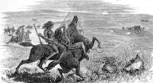 Indians Prints: Skirmish between native American Indian braves and white Ame