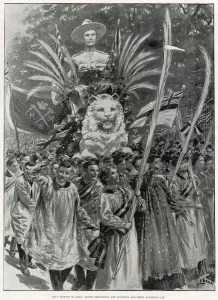 1900 Prints: South Kensington Arts Students marching through London, with a bust of Major-General