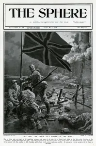 Matania Prints: Sphere cover - Zeebrugge raid, crew fix Union flag, WW1