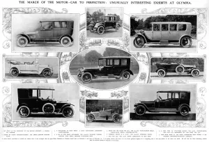 Entitled Prints: Spread of car exhibits from Olympia Motor exhibition 1913