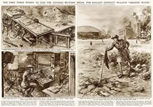 Military Prints: Spread from The Illustrated London News with sketches by Bryan de Grineau showing scenes of heroism by the first three