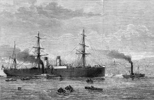 Atlantic Prints: SS Amerique being towed into Plymouth, Devon, 1874