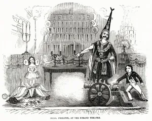 1845 Prints: The stage magician, Monsieur Philippe, performs a magic trick involving a cannon