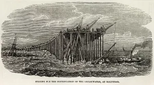 Building Prints: Staging for the continuation of the Breakwater at Holyhead. Date: 1853