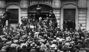 Dublin Prints: Steps of Liberty Hall, Dublin, tramways strike 1913