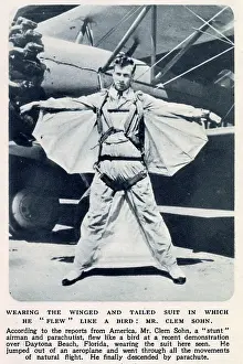 Human Prints: Stuntman Clem Sohn pictured in his winged and tailed suit in which he jumped out of an aeroplane