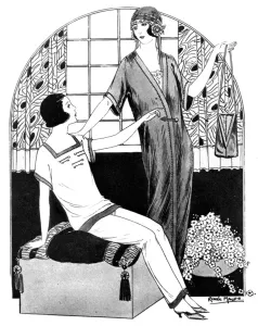 Jones Prints: Stylish ladies in their nightwear discuss a handbag