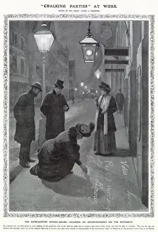 Street Prints: A Suffragette publicises a protest meeting by chalking it onto a pavement. Date: 1908